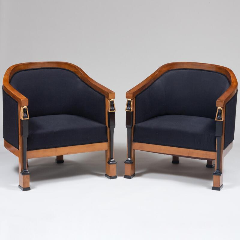 Appraisal: Pair of Biedermeier Style Cherry Ebonized and Parcel-Gilt Tub Chairs