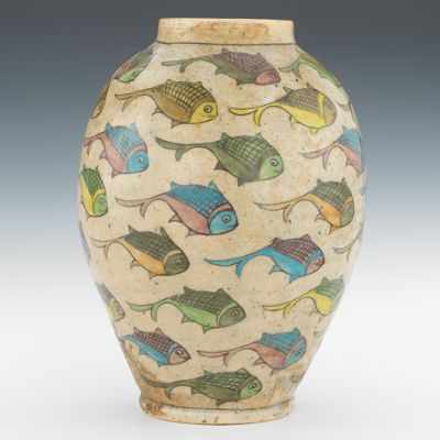 Appraisal: Persian Style Pottery Vase with Fish ca early th Century