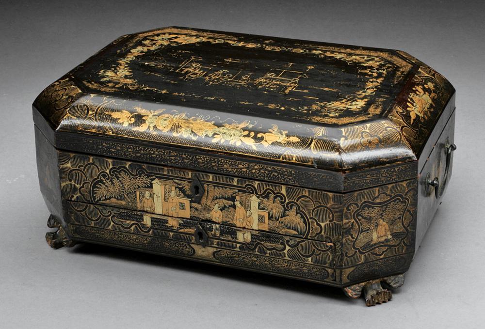 Appraisal: Regency Chinoiserie Lacquered Sewing Box c gilt on black ground