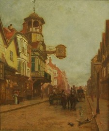 Appraisal: Herbert E Harley English - Street Scene with Pigeons oil