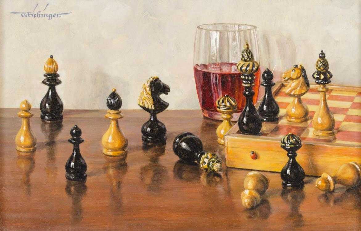 Appraisal: OSWALD EICHINGER OIL ON BOARD Germany born Chess still-life Image