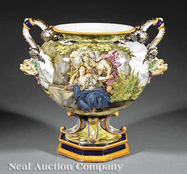 Appraisal: A Ginori Majolica Two-Handled Vase th c Italy painted with