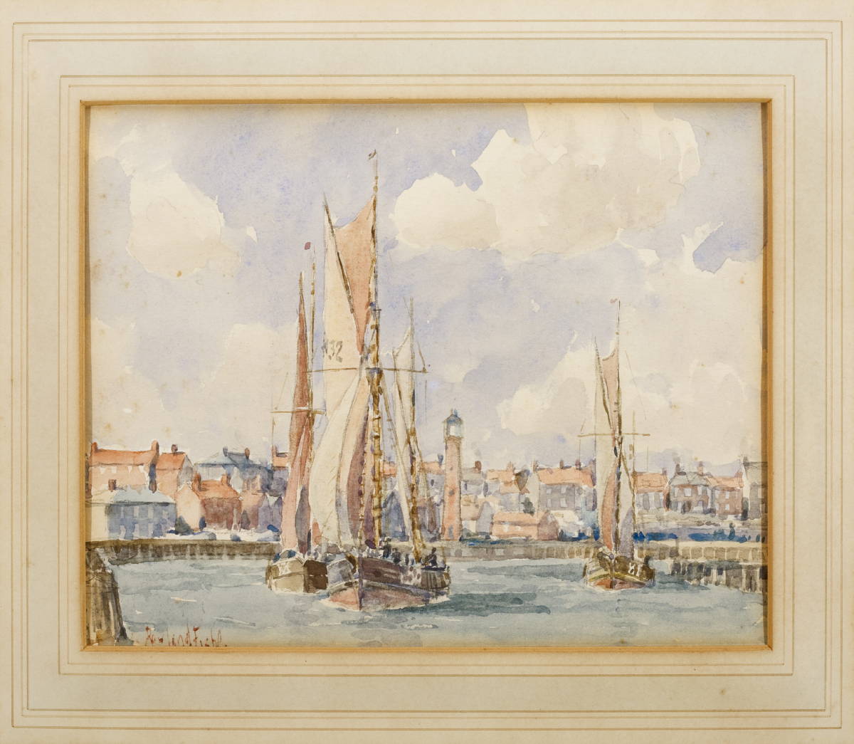 Appraisal: ROWLAND FISHER BRITISH - SAILBOATS IN A HARBOR Watercolor on