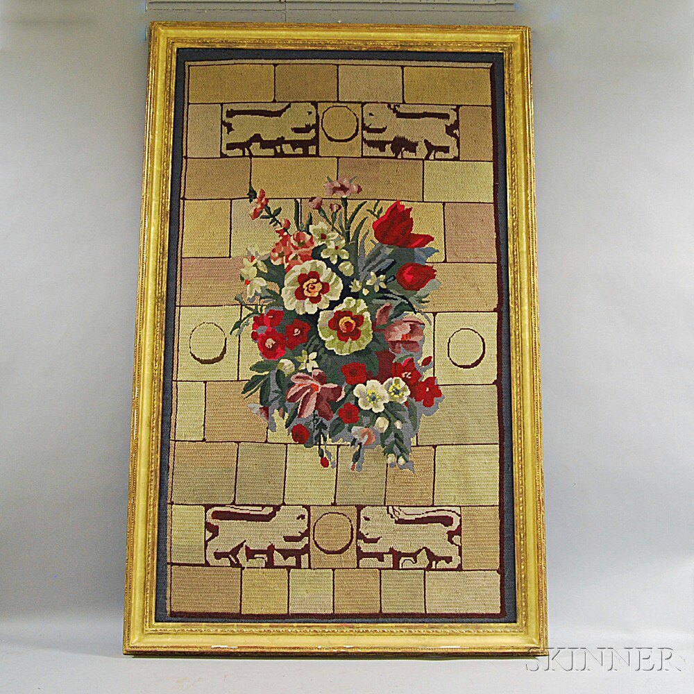 Appraisal: Framed Woven and Needlepoint Picture depicting flowers against a brickwork