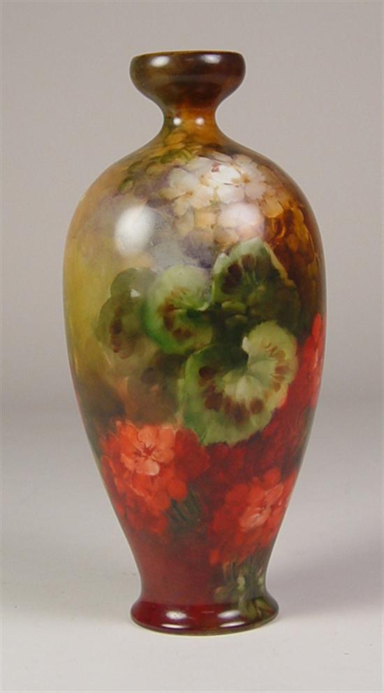 Appraisal: Hand-Painted Floral Porcelain Limoges Vase Geraniums on a tan and