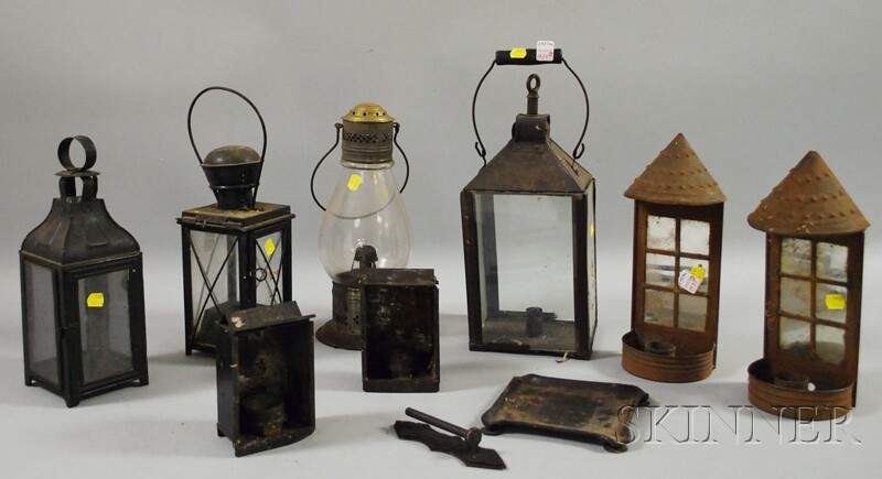 Appraisal: Four Tin and Glass Lanterns a Pair of Mirrored Tin