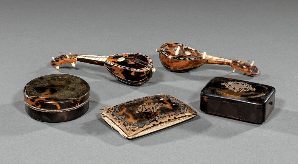 Appraisal: Group of Antique Tortoiseshell Items th c boxes mandolins and