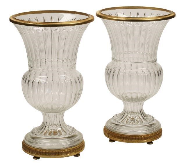 Appraisal: pair Monumental Baccarat style cut crystal urns with bronze dore