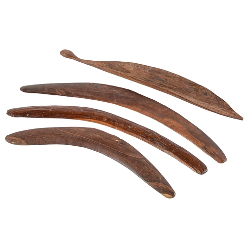 Appraisal: Australia Three aboriginal wood boomerangs and a woomera th c