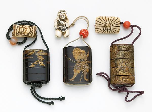 Appraisal: Three four-case lacquer inro with ojime and netsuke th Century