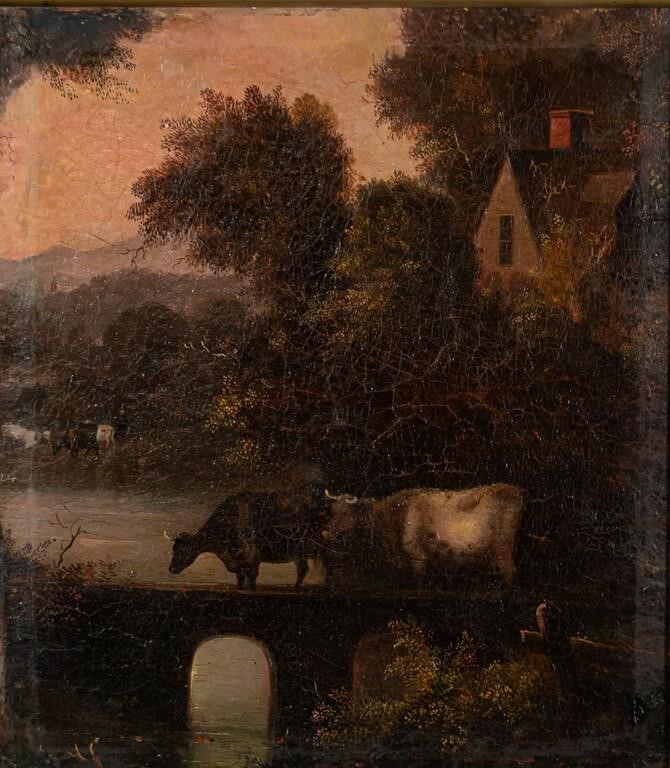 Appraisal: Oil on canvas cows crossing a bridge in landscape x