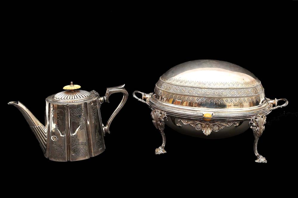 Appraisal: ENGLISH SILVERPLATE FOOD WARMER AND A TEAPOTBoth to The first