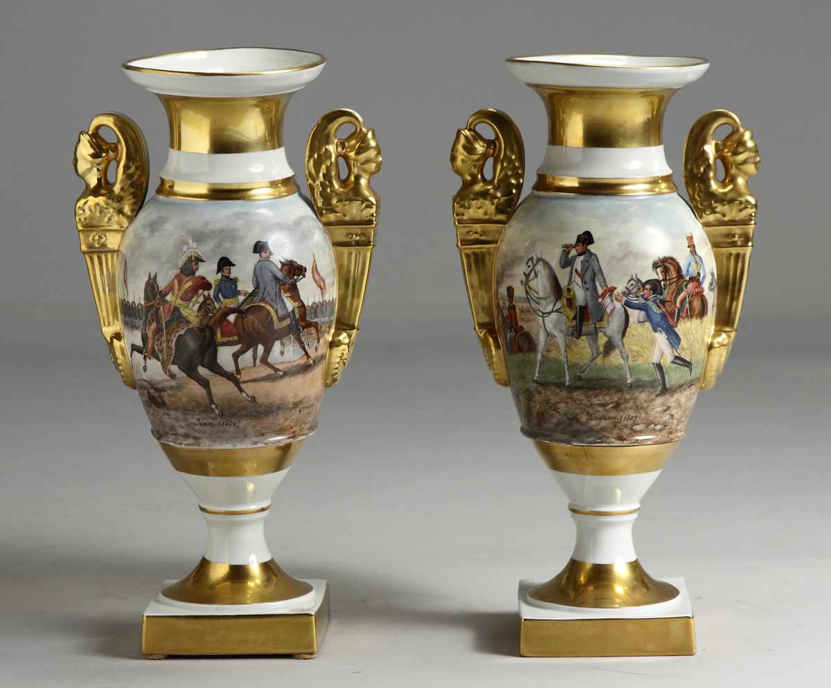 Appraisal: Pair of Old Paris Vases w Napoleon Battle Scenes th