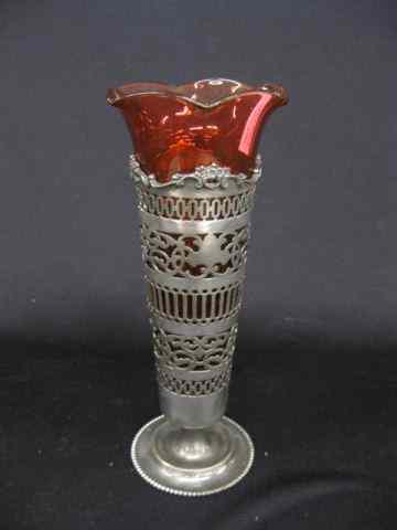 Appraisal: Silverplate Vase with Cranberry Glass Insert '' tall