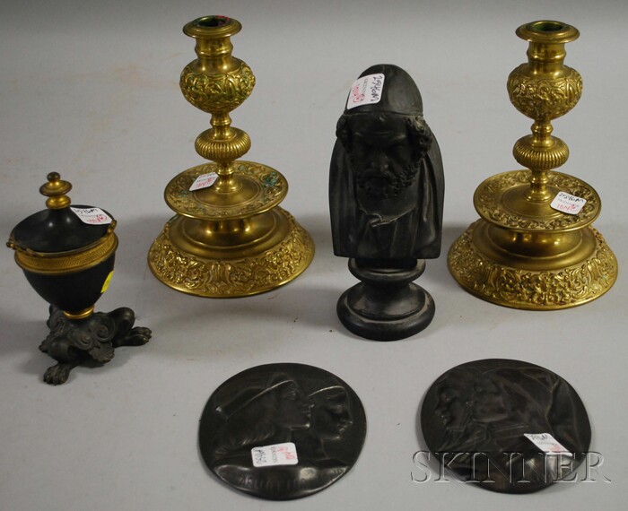 Appraisal: Six Assorted Decorative Metal Articles a pair of Renaissance Revival