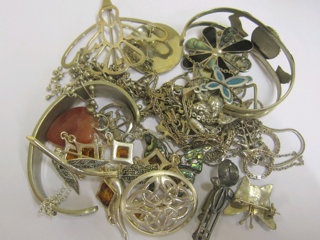 Appraisal: Lot of silver pieces to include Mexican silver bangles amber