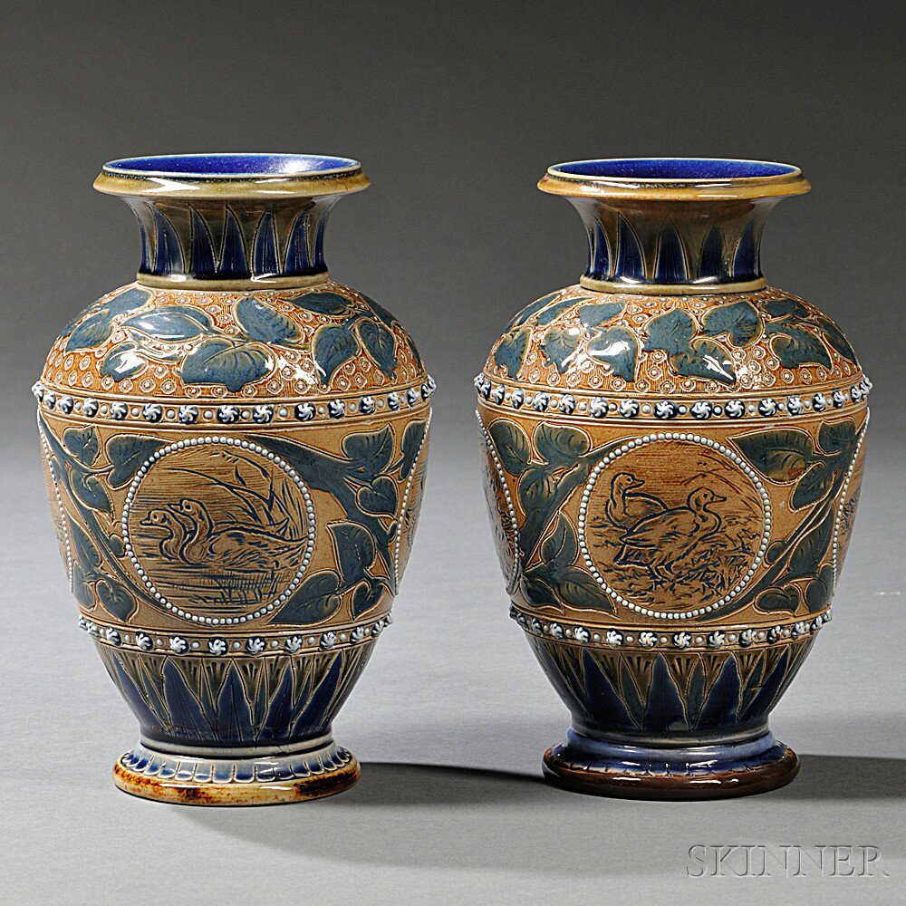 Appraisal: Pair of Doulton Lambeth Florence Barlow Decorated Vases England each