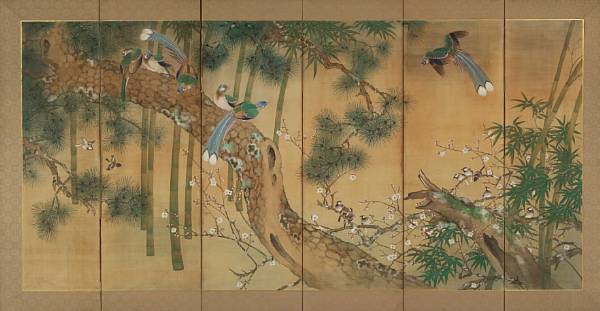 Appraisal: Anonymous Taisho Showa Period Birds and Flowers Large six panel