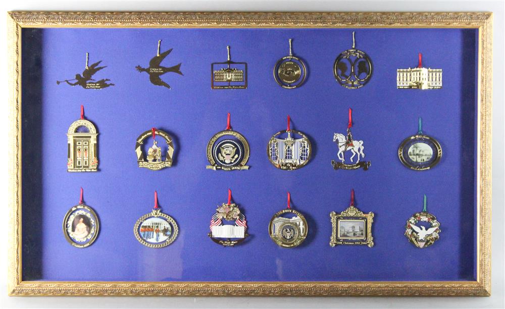 Appraisal: WHITE HOUSE CHRISTMAS ORNAMENTS framed within a shadowbox with cover