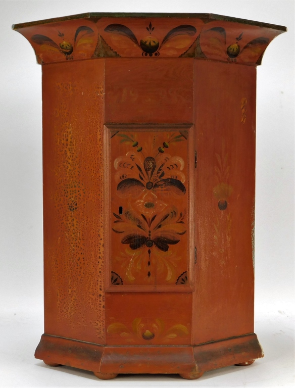 Appraisal: SCANDINAVIAN FLORAL PAINTED HANGING CORNER CABINET Scandinavia Corner cabinet with