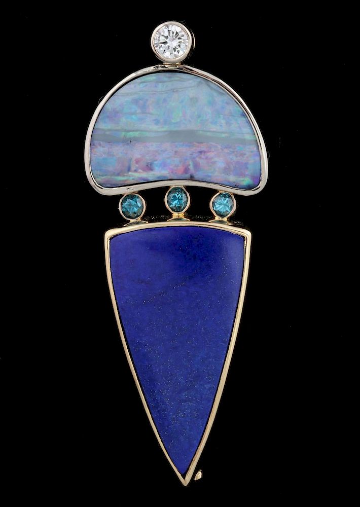 Appraisal: MICKY ROOF K GOLD OPAL DIAMOND LAPIS PENDANT A round