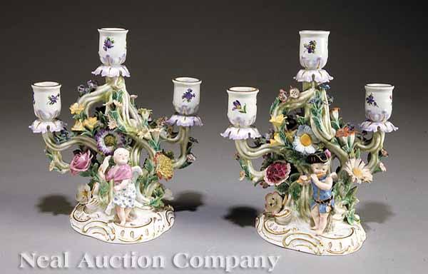 Appraisal: A Pair of Meissen Porcelain Three-Light Candelabra th c floral-entwined