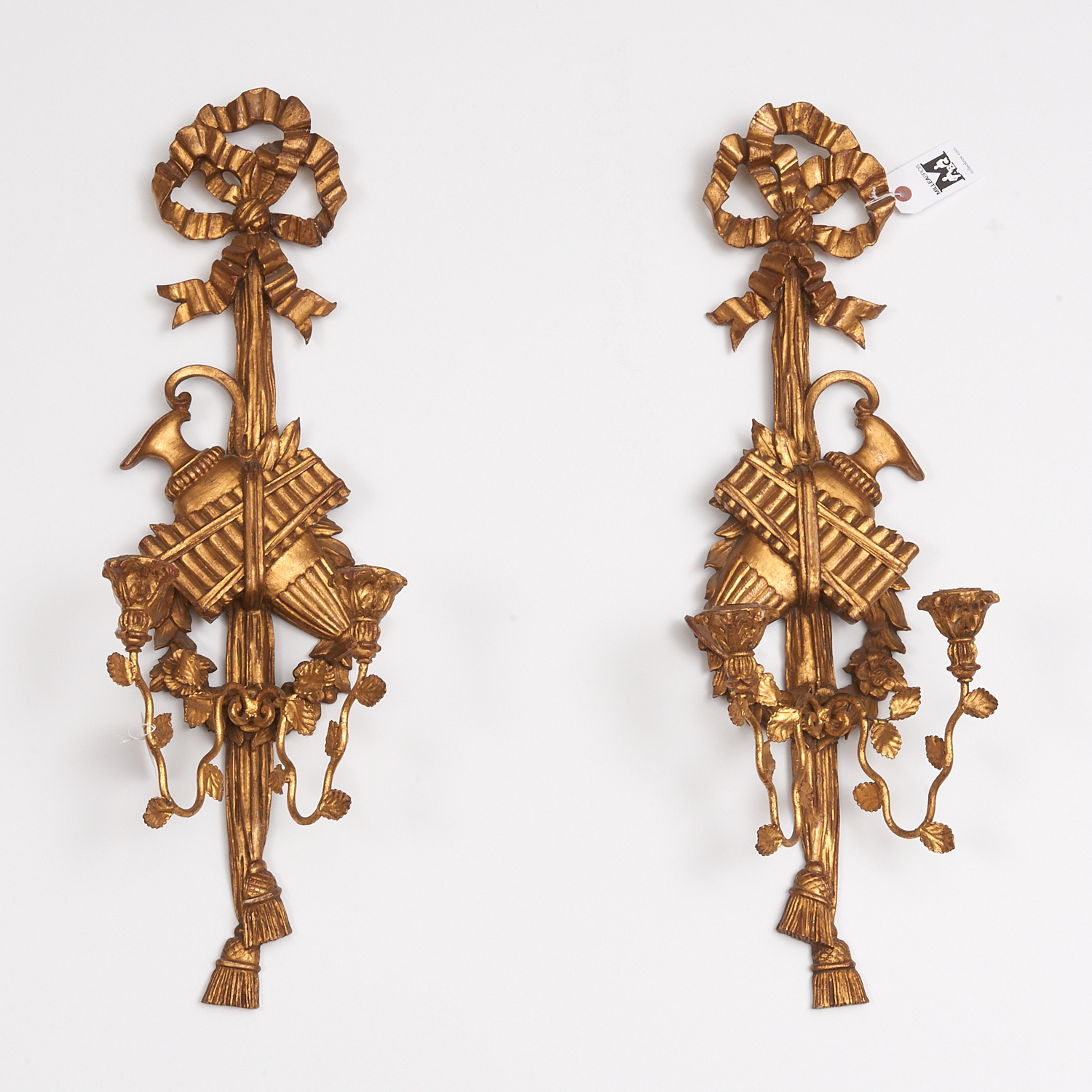 Appraisal: PAIR LOUIS XVI STYLE GILTWOOD WALL SCONCES th c Italian