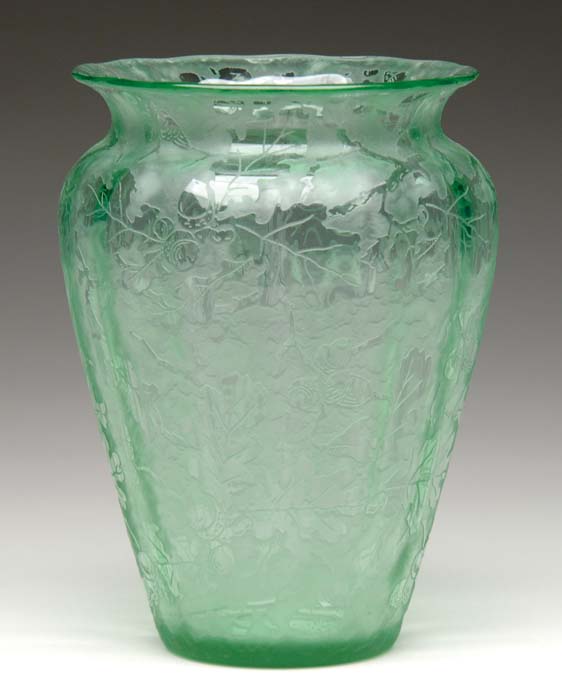 Appraisal: ACID ETCHED GREEN VASE Green glass shoulder vase with flaring