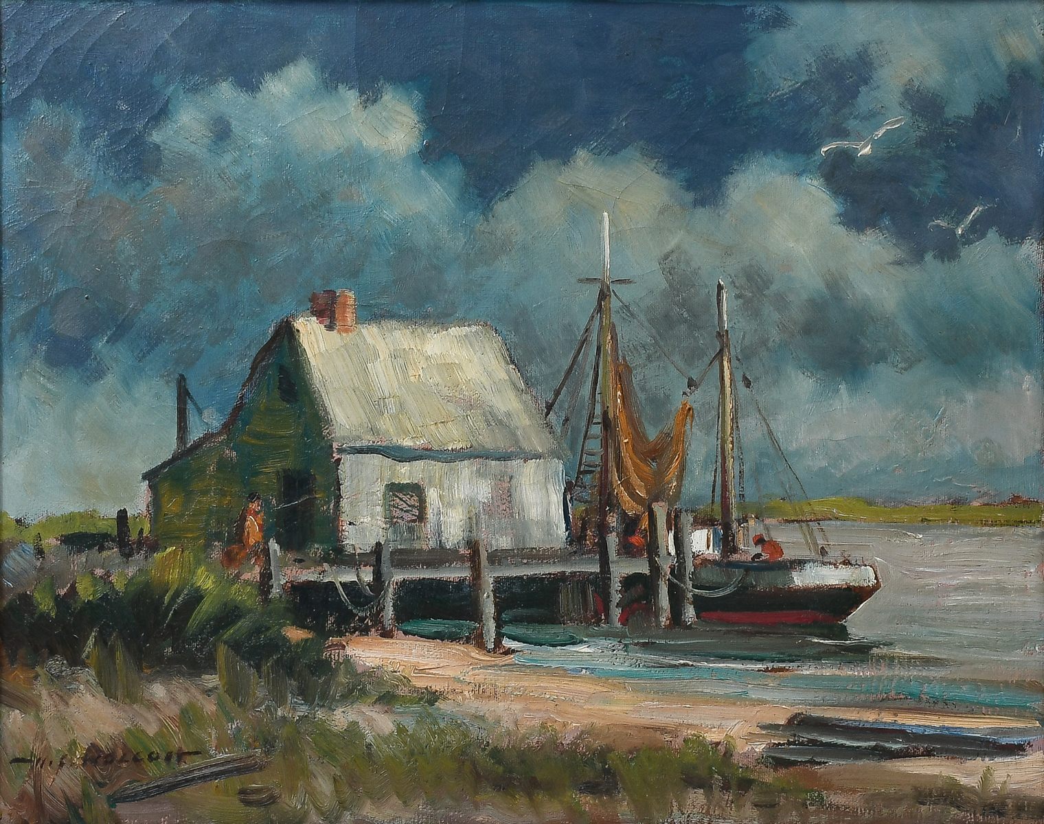 Appraisal: WOLCOTT John American - Province Town Dockside Scene Oil Canvas