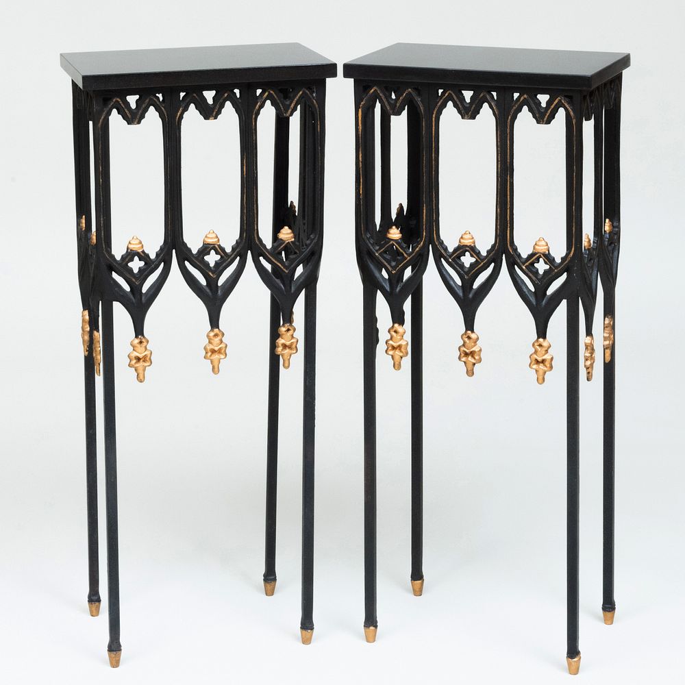 Appraisal: Pair of Small Neo-Gothic Style Ebonized Metal and Parcel-Gilt Side