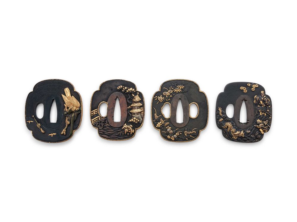 Appraisal: Four Inlaid Iron Tsuba Four Inlaid Iron Tsuba each inlaid