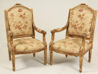 Appraisal: QUALITY PAIR OF FRENCH LOUIS XVI STYLE CARVED GILTWOOD FAUTEUILS