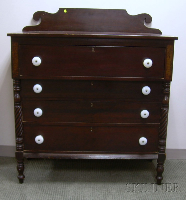 Appraisal: Late Federal Inlaid Birch Bureau with Sandwich Glass Opalescent Drawer