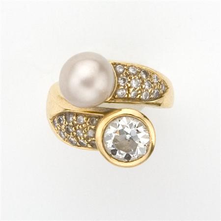 Appraisal: Gold Cultured Pearl and Diamond Crossover Ring Estimate -