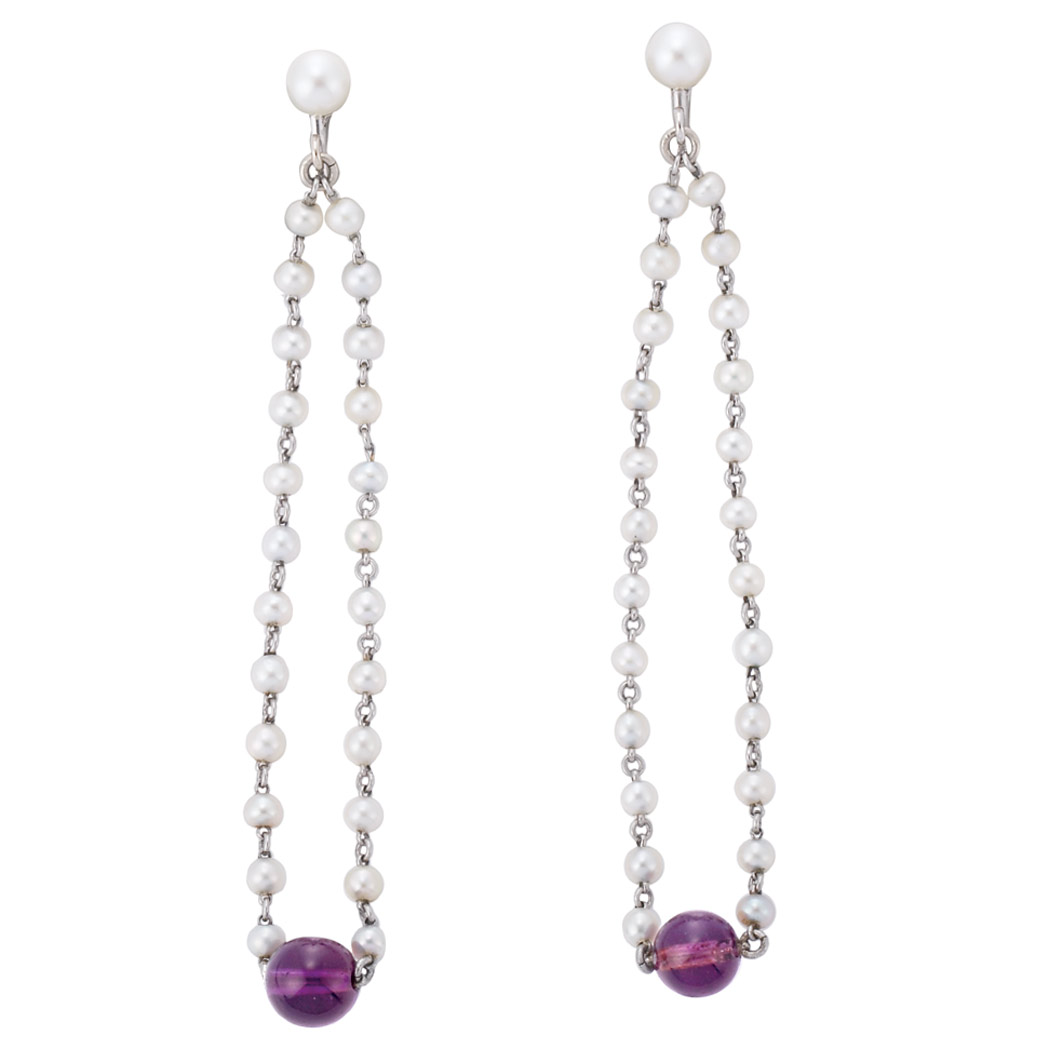 Appraisal: Pair of Platinum Pearl and Amethyst Bead Pendant-Earrings Topped by