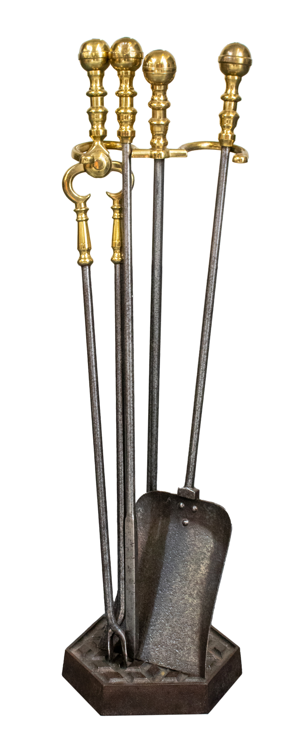 Appraisal: IRON BRASS FIRE TOOLS WITH STAND Iron fire tools with