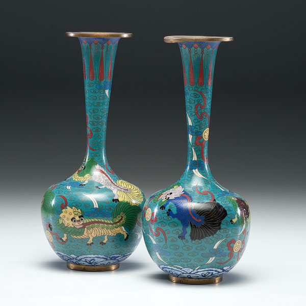 Appraisal: Chinese th century Two long-neck cloisonne copper vases decorated with