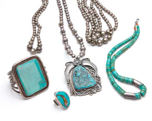 Appraisal: NATIVE AMERICAN Assembled suite of six turquoise and silver jewelry