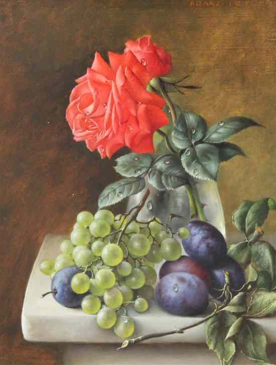 Appraisal: Franz Leitgeb - oil on wooden panel Roses and fruit