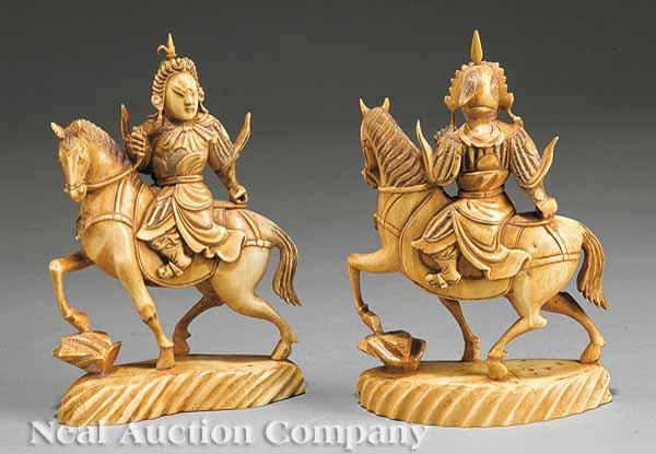 Appraisal: A Pair of Chinese Carved Tinted Ivory Mongol Equestrian Warriors