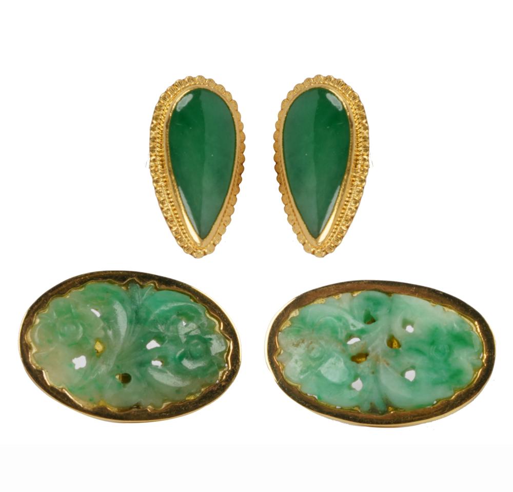 Appraisal: TWO PAIRS OF YELLOW GOLD JADE EARRINGSthe high karat yellow