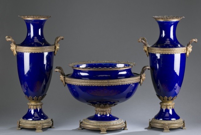 Appraisal: th c French Garniture Set Cobalt blue with brass ormolu