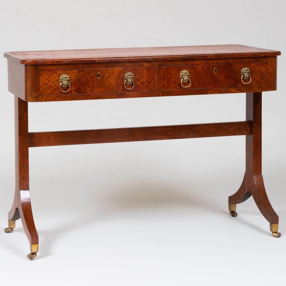 Appraisal: Regency Burlwood Writing Table Fitted with a leather-lined writing surface