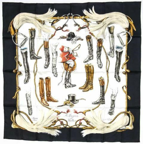 Appraisal: Hermes silk twill scarf A Propos de Bottes pattern original