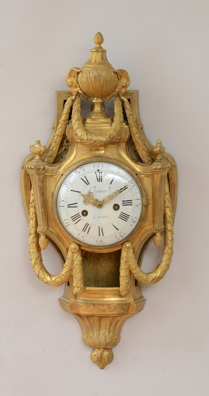 Appraisal: LOUIS XVI STYLE GILT-BRONZE CARTEL CLOCK The enamel dial signed