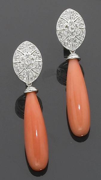 Appraisal: Pink Coral and Diamond Earrings A pair earpendants designed in