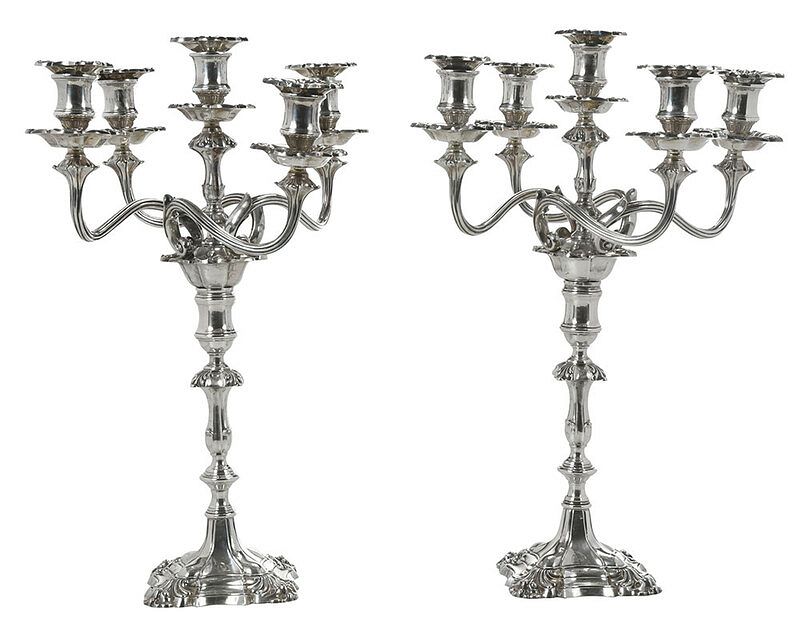 Appraisal: Pair Victorian English Silver Candelabra Sheffield English silver candlesticks with