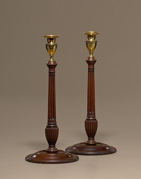 Appraisal: ENGLISH MAHOGANY AND BRASS CANDLESTICKS mid- to late th century