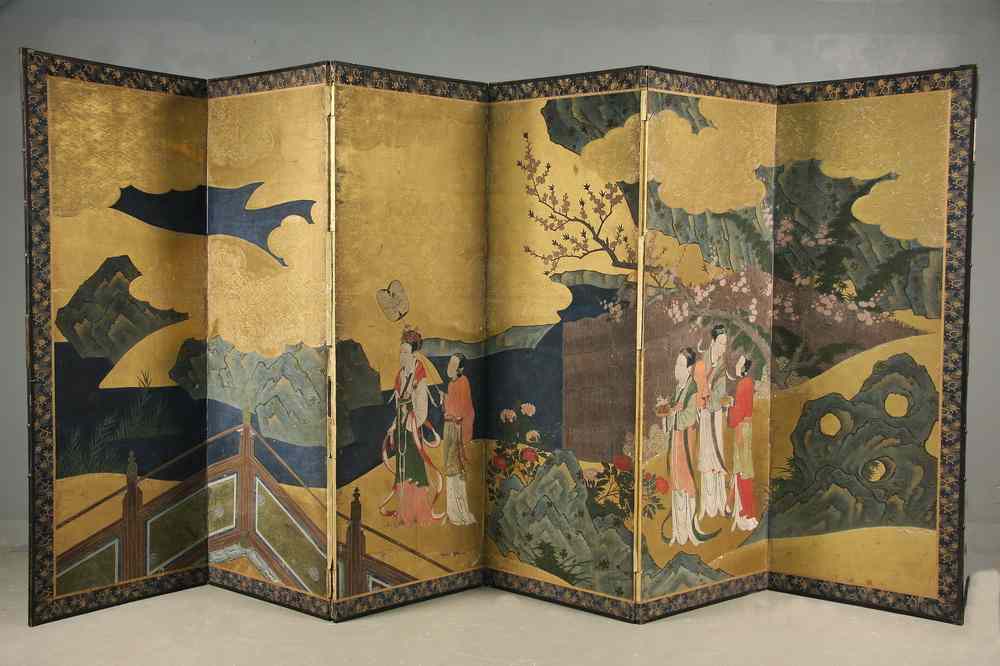 Appraisal: SIX PANEL JAPANESE PAINTED FOLDING SCREEN - th c Painted