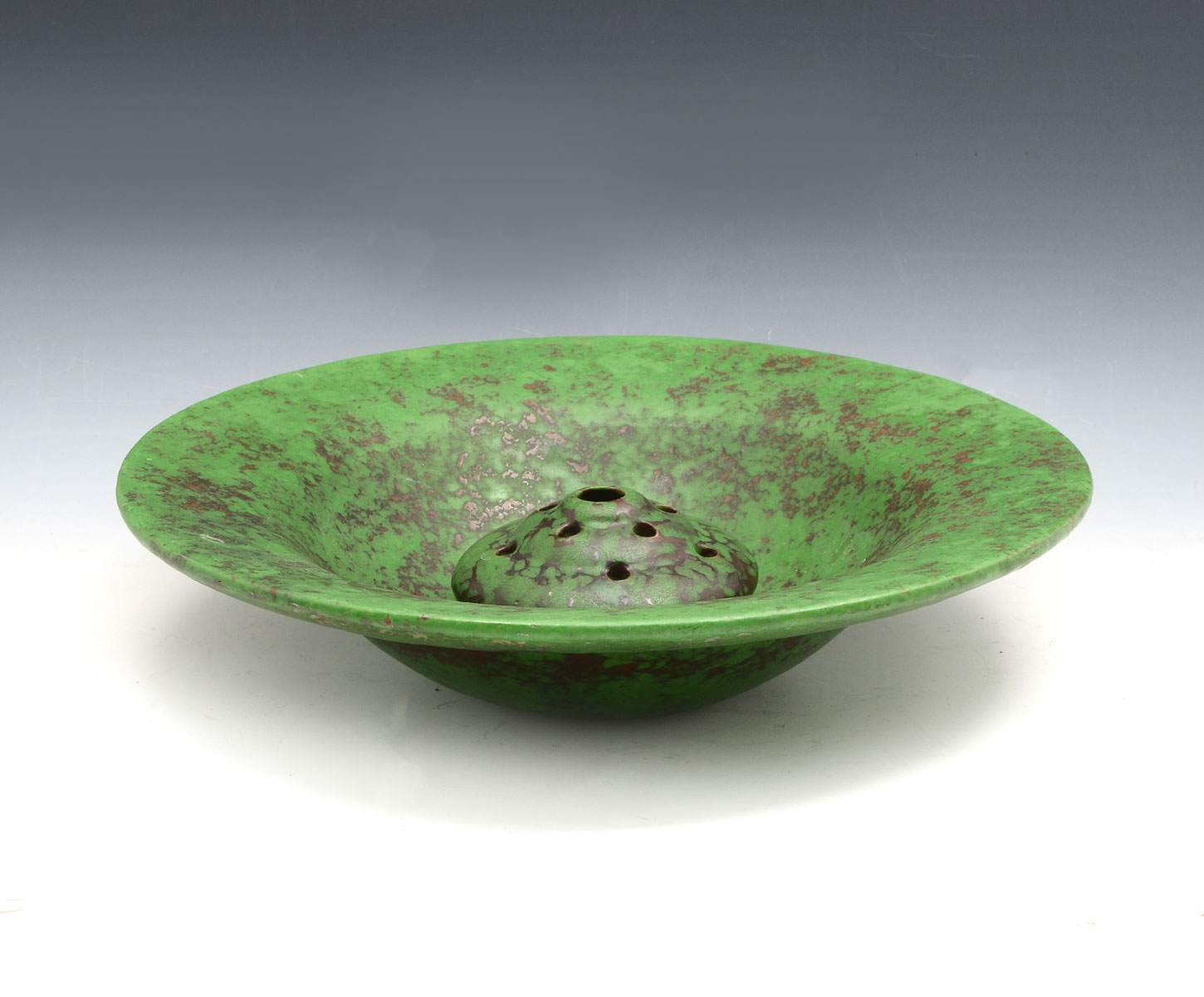 Appraisal: WELLER HAND MADE COPPERTONE BOWL FLOWER FROG Mottled green copper